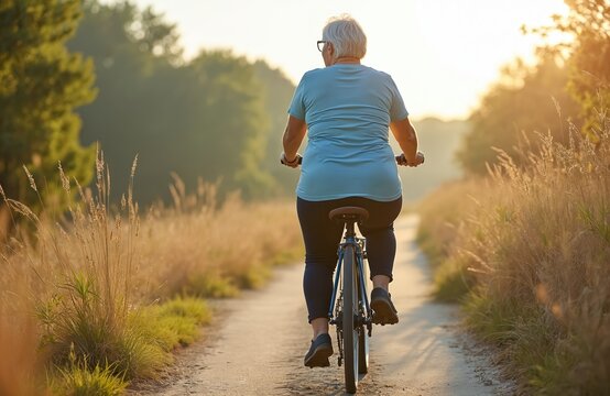 Senior woman with white hair rides bicycle on overgrown path during sunset. Mature adult enjoys healthy lifestyle activity in nature. She pedals bike on rural dirt road.