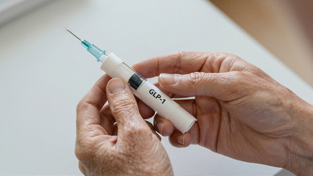 Close-up of a patient's hand holding a GLP-1 injector pen. This represents advanced diabetes treatment, weight loss management, and modern healthcare