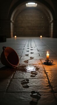 Maundy Thursday, sacred remembrance of Jesus Christ's feet washing, profound humility, spiritual devotion, candlelight on wet footprints, ancient ritual in solemn chamber
