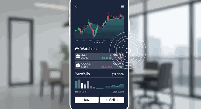 Digital investment app on smartphone screen displaying live stock market data, trading charts, and portfolio overview in a corporate office.