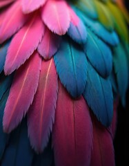 Obraz premium Close up of parrot feathers with pink blue green colors. Soft natural texture shows intricate pattern detail. Vibrant plumage offers great visual appeal and unique design.