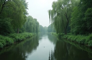 Fototapeta premium Misty morning river in park lined with weeping willow trees. Calm water reflects dense green foliage. Lush vegetation grows along the tranquil canal banks.
