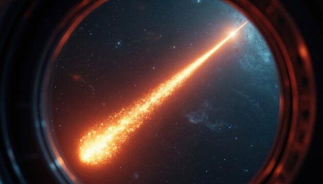 View from spaceship window shows bright meteor burning through deep space. Fiery trail streaks across starry sky with distant nebula. Cosmic event, celestial body hurtles through the void.