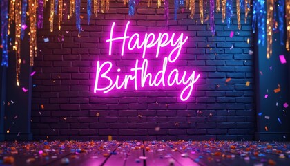 Obraz premium Bright pink neon sign says Happy Birthday against dark brick wall. Colorful streamers and confetti float down. Festive party background for celebration events.