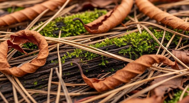 Close up of dried autumn leaves and pine needles on mossy ground.