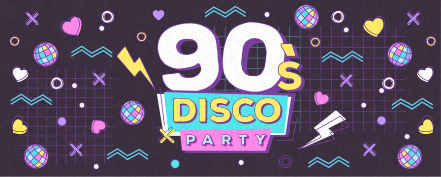 Retro disco poster or banner of 80s-90s with geometric elements and disco ball. Memphis style background. Vector illustration