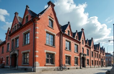 Fototapeta premium Old brick building with detailed architecture and pitched roofs sits under a bright blue sky. Windows and stone trim accent the red walls. A bicycle rests near the entrance.