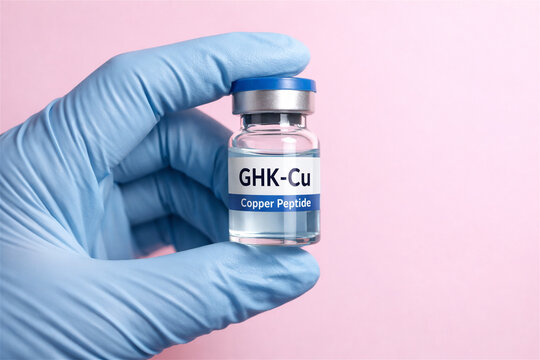 scientist in blue glove holding vial with GHK-Cu copper peptide serum. Healthcare solution for anti-aging skincare and cosmetic dermatology treatment. Innovative chemical research concept