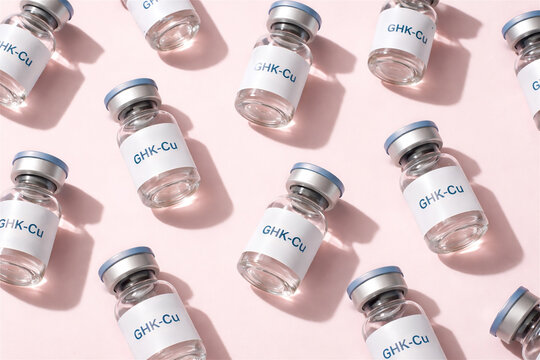 glass vials containing GHK-Cu copper peptide serum arranged on soft pink background. Cosmetic product for skin rejuvenation and anti-aging dermatology treatment. Laboratory skincare supply
