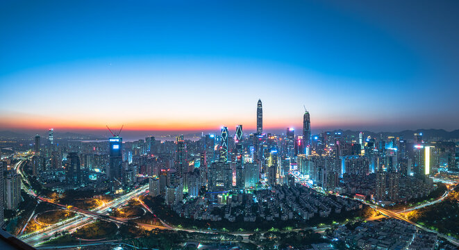The skyline of Futian District, Shenzhen at dusk