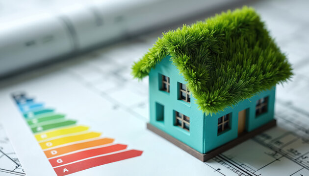 Small eco house model with green roof sits on blueprints near energy efficiency chart. Planning sustainable home construction and design for future living.