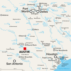Obraz premium Texas Triangle Megaregion, United States, political map. Texas five largest cities and metros Houston, San Antonio, Dallas, Fort Worth and the capital Austin, forming a triangle shaped cluster. Vector