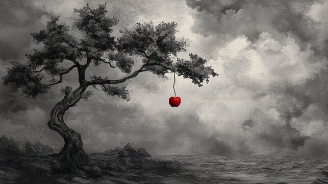 Red apple hangs from tree in black and white landscape symbolizing temptation
