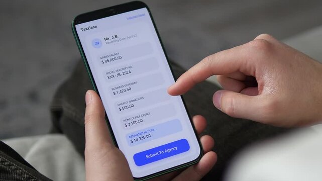 Filing taxes made easy with a mobile app. User reviewing gross salary, business expenses, and deductions before clicking Submit To Agency. Perfect for fintech, tax season, and personal finance content