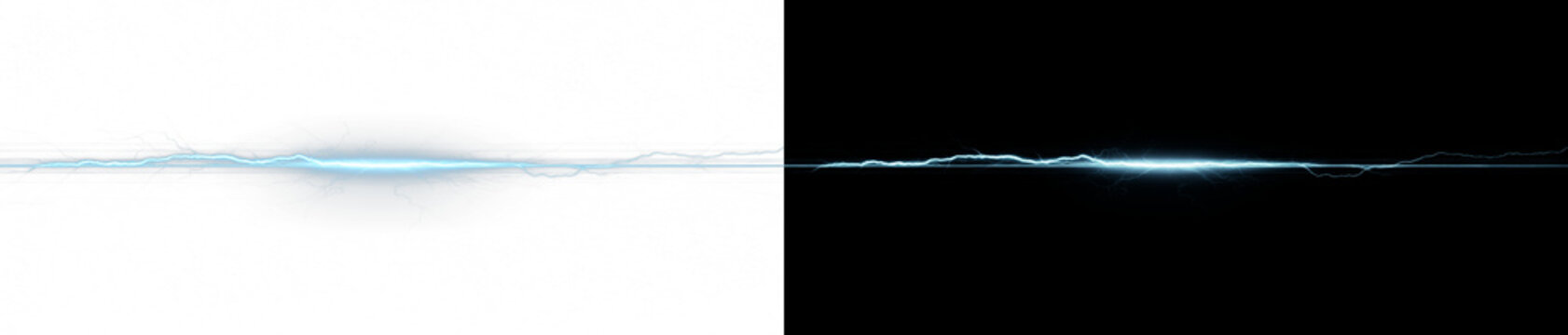 Thin cyan lightning spark with sharp glow and fast electric energy, AI generated minimal strike on split background.
