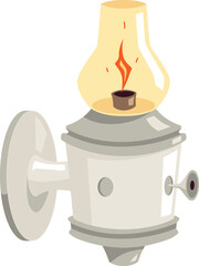 Obraz premium Vintage lantern with burning candle, vector cartoon medieval kerosene lamp, magic antique wall candlestick lamp
