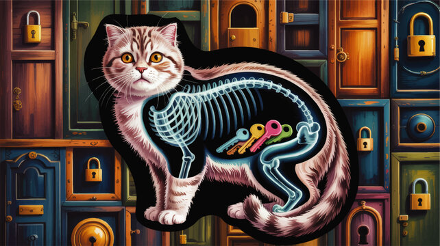 Cute cat x ray with skeleton and keys inside body, surreal security concept with locks and colorful wooden doors background