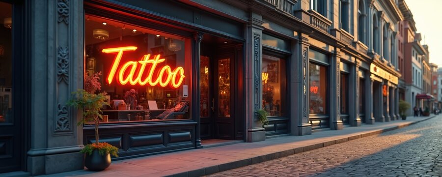 Tattoo studio glows with bright neon sign on old cobblestone street. Shop window displays interior, inviting clients into urban art space. Evening light casts long shadows.
