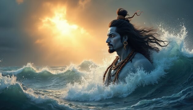Hindu god Shiva emerges from ocean waves, his hair a conduit for sacred Ganga. Divine light illuminates stormy sea. Powerful deity in spiritual storm. Water, faith, creation.