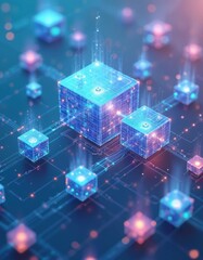 Glowing digital cubes show data connections. Futuristic tech network graphic displays abstract information flow. Smart systems process analytics for business insight.