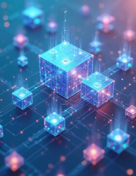 Glowing digital cubes show data connections. Futuristic tech network graphic displays abstract information flow. Smart systems process analytics for business insight.
