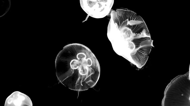 High contrast jellyfish swimming underwater on black background. Black and white for composite and presentation. Alpha matte isolated.
