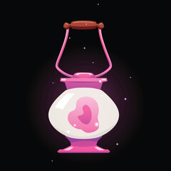 Obraz premium Vintage magic lantern with sparkles flat vector, fairytale antique hanging candle holder pink round shape, wizard lamp