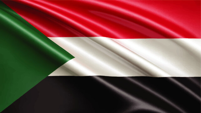 Realistic Sudan flag waving in wind, detailed fabric texture with green triangle and red, white, black horizontal stripes