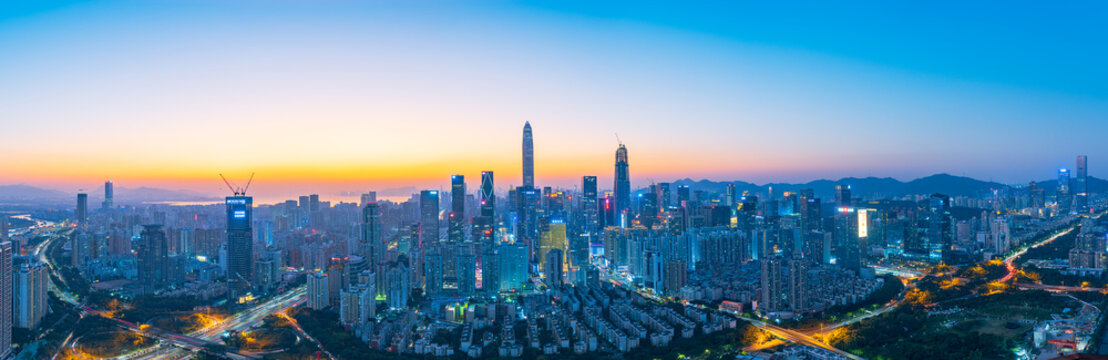 The skyline of Futian District, Shenzhen at dusk