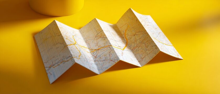 Folded paper map yellow background three highlighted route lines travel planning navigation adventure exploration journey direction cartography cheerful mood