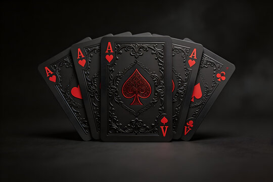 Five black ace playing cards fanned out with prominent red ace of spades central against dark backdrop