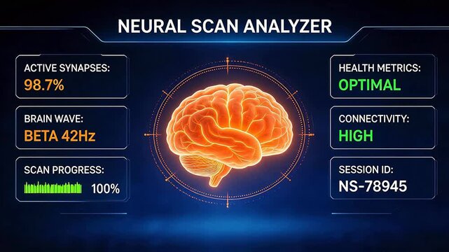 Futuristic neural scan analyzer dashboard displaying brain health metrics, active synapses, beta waves, and connectivity &mdash; AI-powered neuroscience visualization for medical tech and AI concepts