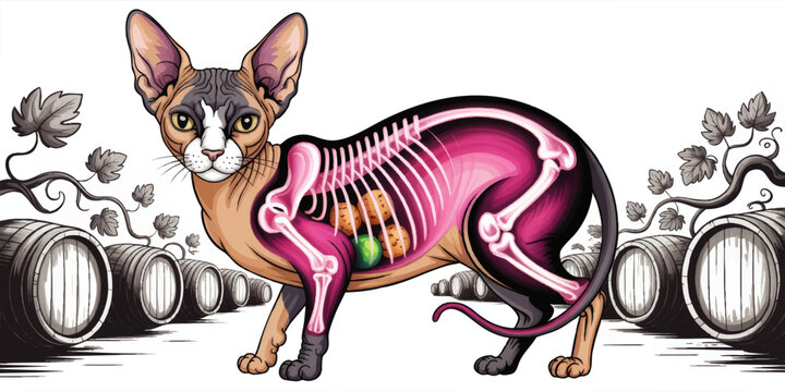 Sphynx cat anatomy illustration with x ray bones and organs, veterinary feline medical art over wine barrels background