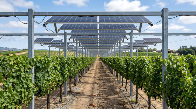 High-clearance solar trellis system for mechanized viticulture and vineyard rows, solar farming, regenerative agriculture, dual-use land, sustainable energy, agrivoltaics