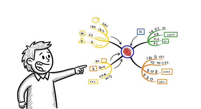 Businessman pointing at colorful mind map, brainstorming concept, creative planning, strategy idea