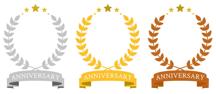 アニバーサリーをテーマにしたシルバー・ゴールド・ブロンズの月桂樹リースとリボン付き記念バッジセット