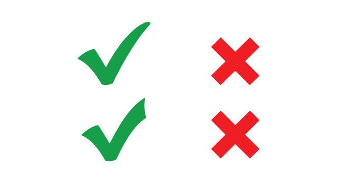 Simple vector graphic illustration showing pair comparison of green checkmarks versus red crosses
