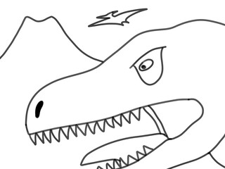 Closeup of a trex during the Cretaceous Period (66 mya), with a dormant volcanic mountain and a pterosaur in the background. © sumer