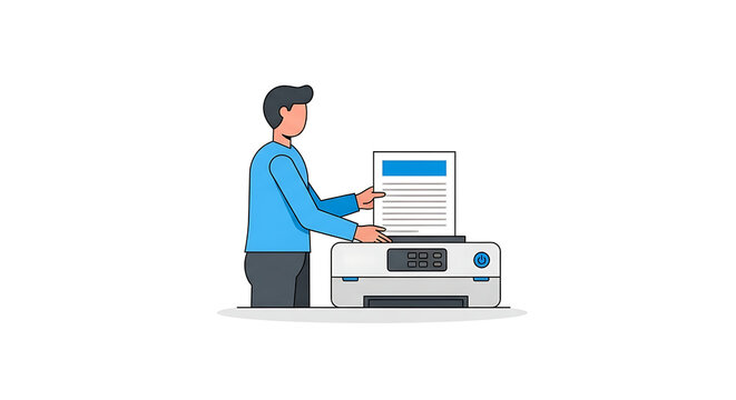Office worker, man printing document, printer, blue shirt