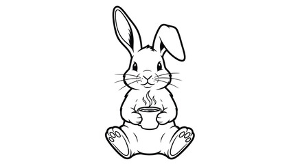 Fototapeta premium Adorable cartoon rabbit character enjoying a hot beverage in a simple vector illustration.