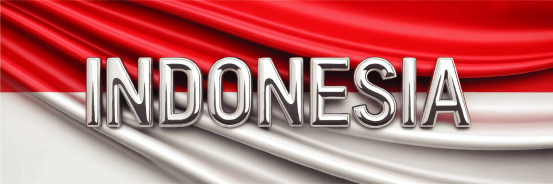 Indonesia flag background with chrome metallic text, red and white silk fabric waves, patriotic banner for celebration and design