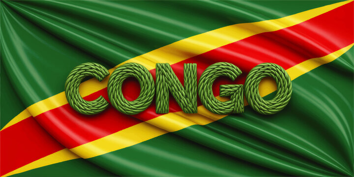 Congo flag illustration with green rope text on wavy red yellow green national banner for Africa independence and patriotic design