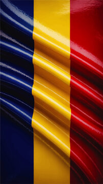 Waving Romania flag illustration with glossy fabric texture, patriotic blue yellow red vertical stripes, national banner background