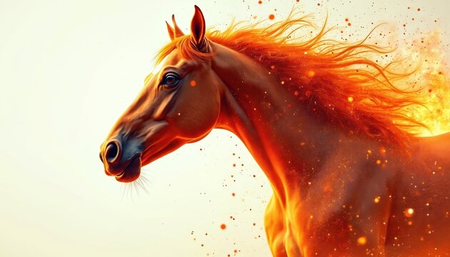 Horse portrait with fiery mane and body, abstract art style. Dynamic motion and vibrant colors create a powerful, energetic visual. This illustration symbolizes strength, freedom, and untamed spirit.