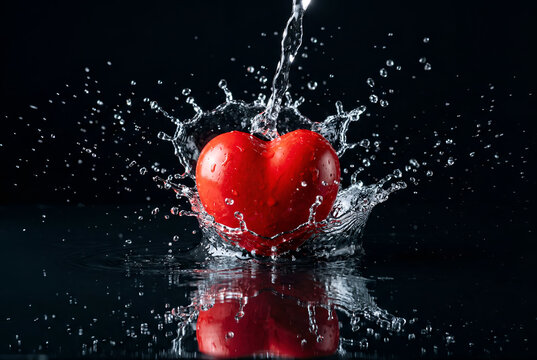Bright red heart object splashing into clear water creating dynamic splashes and reflections against dark background