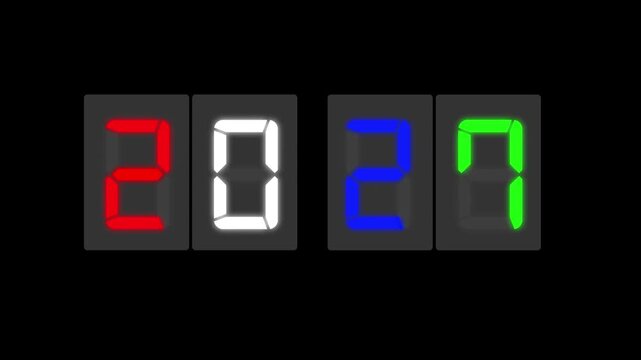Digital LED number display showing 2027 in a realistic seven-segment style on background. Futuristic design with colorful illumination, perfect for technology, new year concept or innovation themes.