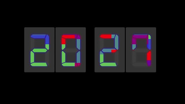 Digital LED number display showing 2027 in a realistic seven-segment style on background. Futuristic design with colorful illumination, perfect for technology, new year concept or innovation themes.