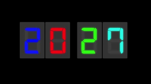 Digital LED number display showing 2027 in a realistic seven-segment style on background. Futuristic design with colorful illumination, perfect for technology, new year concept or innovation themes.