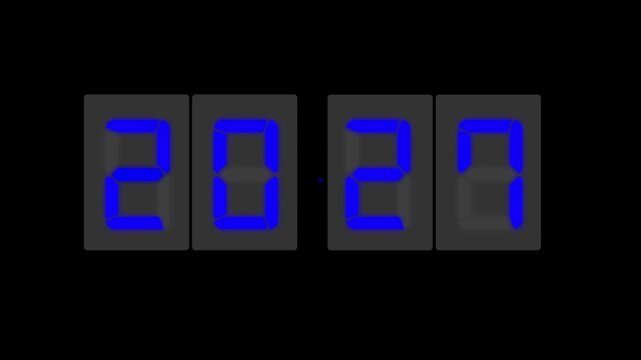 Digital LED number display showing 2027 in a realistic seven-segment style on background. Futuristic design with colorful illumination, perfect for technology, new year concept or innovation themes.