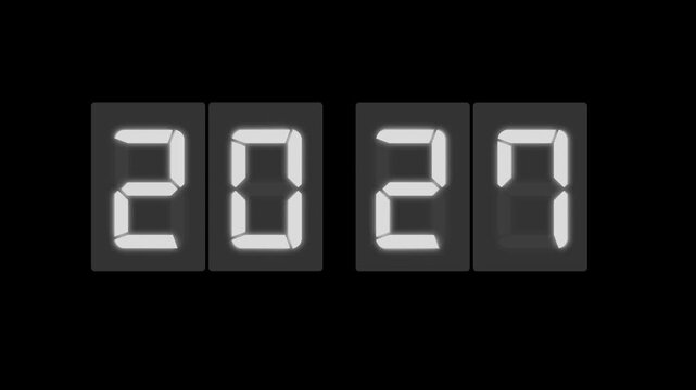 Digital LED number display showing 2027 in a realistic seven-segment style on background. Futuristic design with colorful illumination, perfect for technology, new year concept or innovation themes.